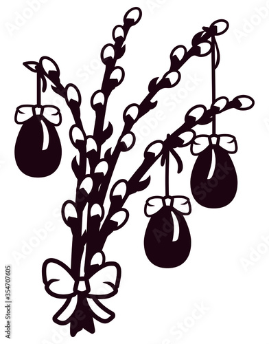 Laser cutting template. Pussy-willow tree branches decorated with eggs. Orthodox easter vector illustration. Die cut stencil. Wood or metal decor.