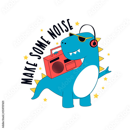 Hand drawn rock and roll elements and dinosaur with slogans. Vector illustration.	