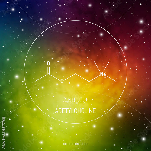 Acetylcholine neuro transmitter molecule and formula in front of cosmis background. Brain chemistry infographic. photo