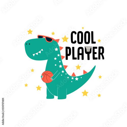Player dinosaur t-shirt design with slogan. Vector illustration design for fashion fabrics, textile graphics, prints.