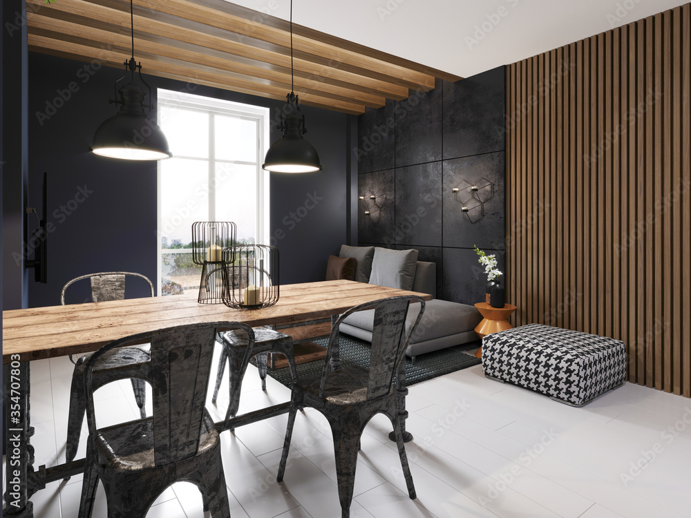 Modern sofa and dining table with iron chairs in the loft interior of a ...