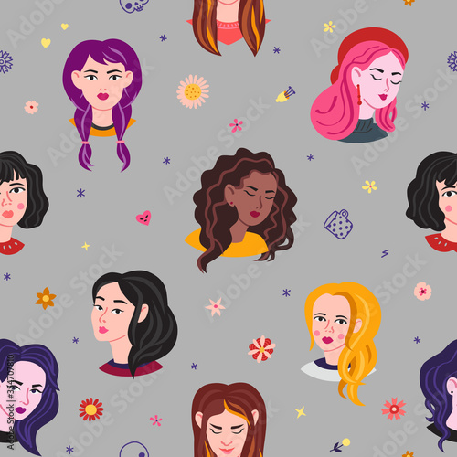 Young women heads vector seamless pattern. Part three.