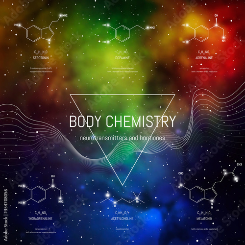 Brain neuro biology chemistry scientific illustration with hormones and neurotransmitters. Serotonin, dopamine, adrenaline, noradrenaline, acetylcholine, melatonin formulas and molecules