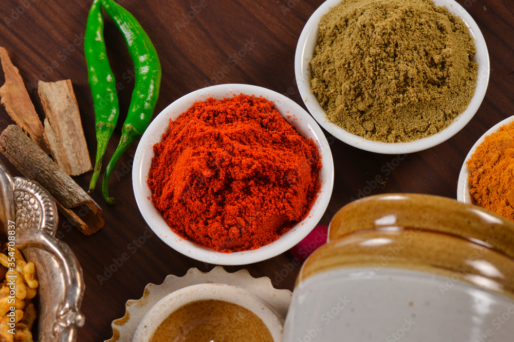 Set of Various spices on dark stone table. Set of Various spices on dark stone table.