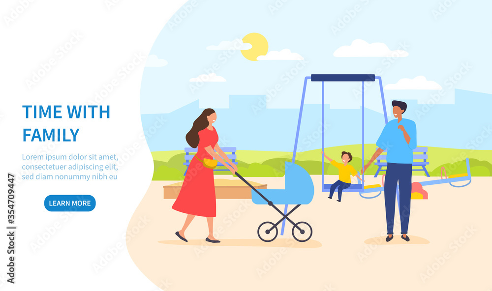 Fototapeta premium Time with family illustration template for website, with two parents spending time with their young children on playground with one kid on a swing and on in a stroller