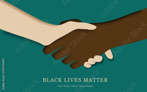 Black Lives Matter. Human hand. Black and white hand in paper art style. Tolerance. handshaking come together the way to success. Fist raised up. Paper cut. poster design. photo