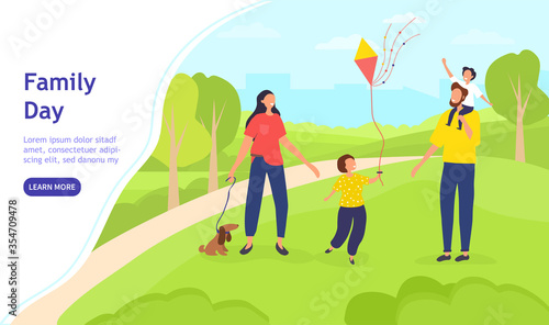 Family day in park illustration concept with full family of mother, father and two children playing in park with kite and walking a dog. Happy and healthy family time poster or site page template