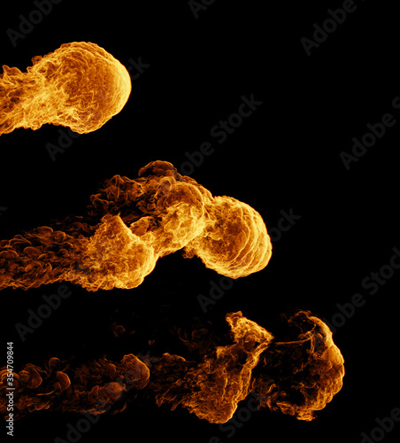 3d render of stylised flame. Fire from side of the screen. Three phases.