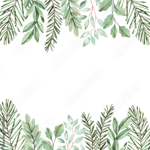 Noel vector illustration. Botanical  vector frame with eucalyptus  fir branches and leaves. Greenery winter florals. Floral Design elements. Perfect for wedding invitation  card  print  poster  packin