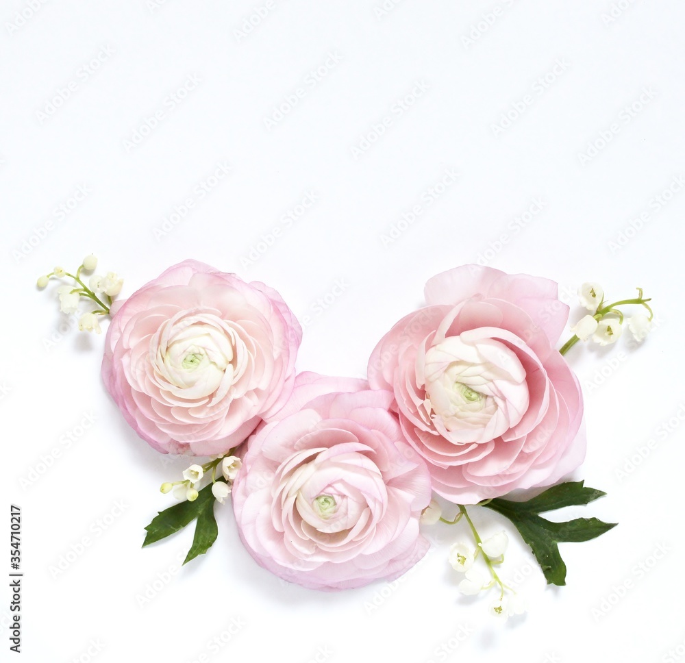 Floral wreath frame on a light background. Pink pink, lily of the valley and jasmine. square format