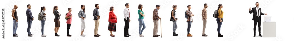 People waiting at elections and a man in suit voting and showing thumbs up People waiting at elections and a man in suit voting and showing thumbs up