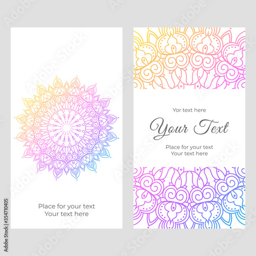 Mandala rainbow ornament card design. Colorful template for brochure, flyer, Invitation, banners, spiritual retreat, pilates or yoga studio. Oriental pattern on white background. Vector illustration. 