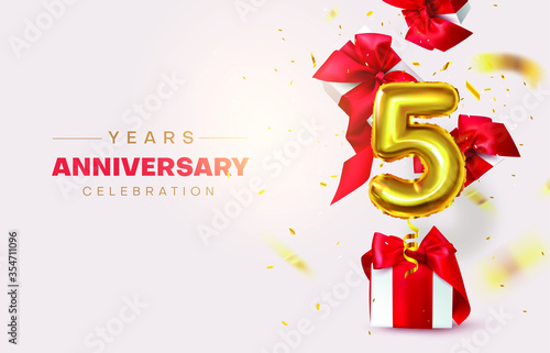 Celebrating the fifth anniversary. Numeric, Birthday balloon. Gifts are flying with confetti, number 5. Birthday decorations. Vector illustration