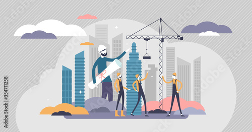 Builders vector illustration. House construction flat tiny persons concept.