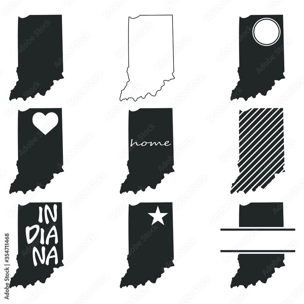 Indiana Map. Symbol Icon Set. Flat Vector Art Design. Clip Art Logo Collection.