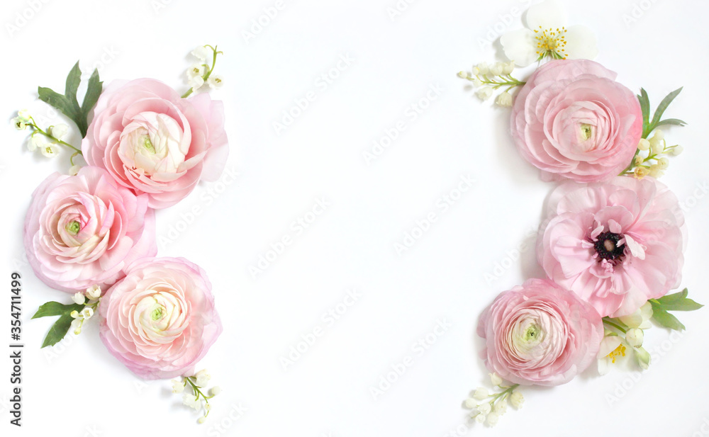 Floral wreath frame on a light background. Pink pink, lily of the valley and jasmine. Floral wreath frame on a light background. Pink pink, lily of the valley and jasmine.