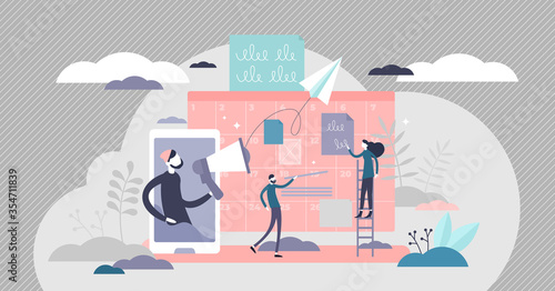 Marketing communication vector illustration in flat tiny persons concept.