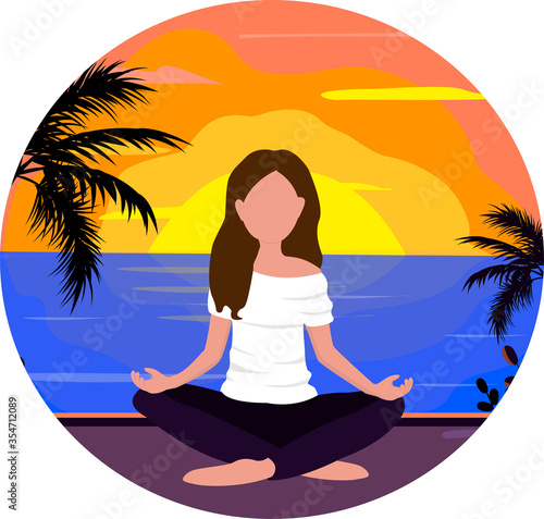 Vector flat illustration. Mother and daughter doing yoga outdoors