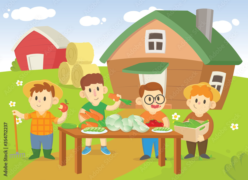 Harvest season on a farm with happy kids characters. Farmers eating outside. Colorful flat vector illustration, isolated on white background.
