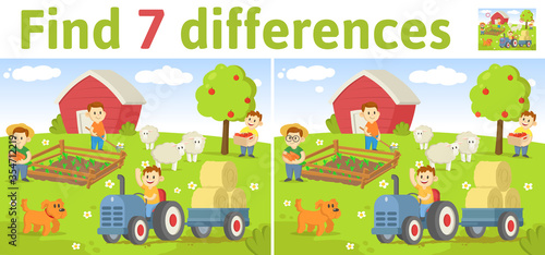 Find the differences in two colored pictures. Children riddle game with farm scene and characters. English language education sheet. Colorful flat vector illustration.