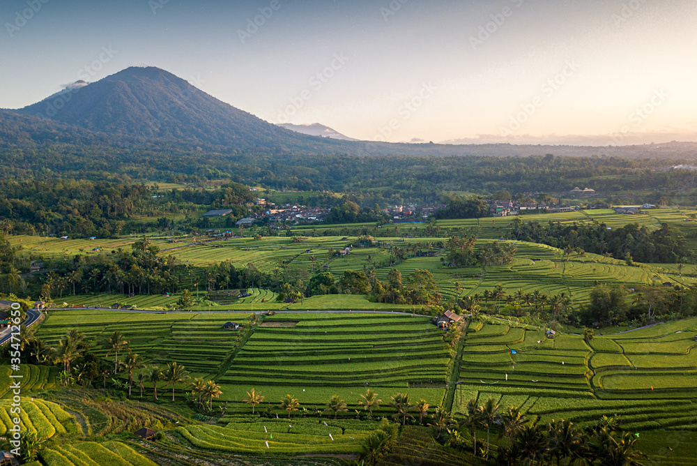 Sunrise. Unesco World Heritage Jatiluwih Rice Terrace. Bali, Tabanan, Indonesia from the sky. Drone photography
