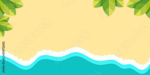 Blue ocean with wave and foam on sandy beach vector illustration in flat design.