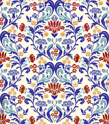 Seamless Victorian pattern. Floral Tile in turkish style. Hand drawn floral background. Vintage Wallpaper in damask style. Islam, Arabic, Indian, Ottoman motif. Vector illustration.