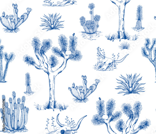 Toile de Jouy style pattern illustration inspired by the flora of the Mojave Desert. Desert illustration with Joshua Trees, agave plants, cacti and other succulents