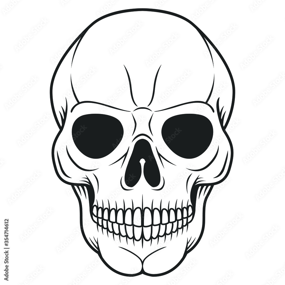 Black and White Illustration of Skull. Human Head Bone. Skeleton Hand Drawn Tattoo Design. Black and White Illustration of Skull. Human Head Bone. Skeleton Hand Drawn Tattoo Design.