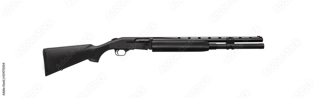 Modern black shotgun isolated on white background. Weapons for hunting, sports and self-defense. Modern black shotgun isolated on white background. Weapons for hunting, sports and self-defense.