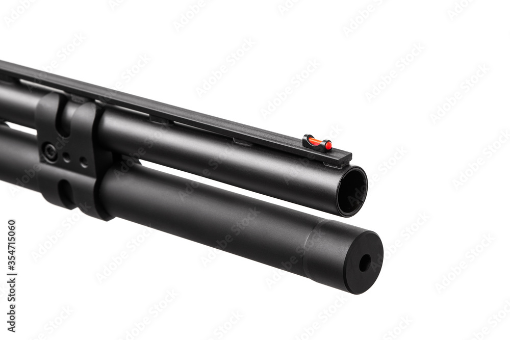 Modern black shotgun isolated on white background. Weapons for hunting, sports and self-defense. Modern black shotgun isolated on white background. Weapons for hunting, sports and self-defense.