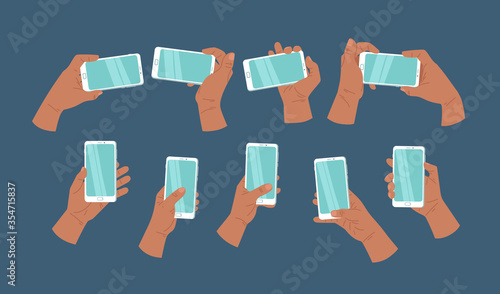 Hand holding phone. African american hands. Flat style. Vector Illustration Set.