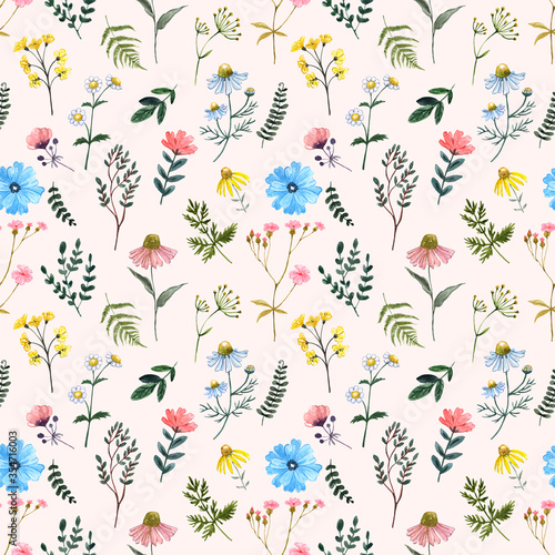 Cute summer floral seamless pattern. Watercolor wildflowers, leaves, herbs on pastel pink background. Shabby chic country style print. Botanical illustration