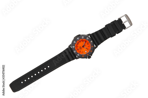 Wristwatch isolate on a white background. Sports wrist watch with a silicone bracelet. Watches for scuba divers.