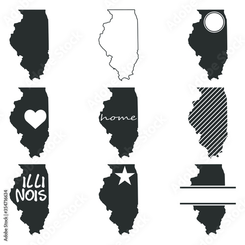 Illinois Map. Symbol Icon Set. Flat Vector Art Design. Clip Art Logo Collection.