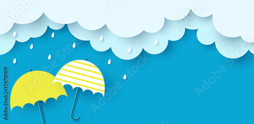 Monsoon poster. Clouds, rain and umbrella on blue background. Vector illustration