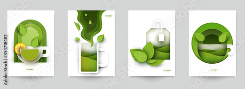 Collection colorful template cover for tea. Abstract art composition in modern geometric papercut style. Minialistic concept design for branding banner, flyer, book, menu, card. Vector illustration.