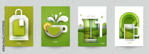 Collection colorful template cover for tea. Abstract art composition in modern geometric papercut style. Minialistic concept design for branding banner, flyer, book, menu, card. Vector illustration.