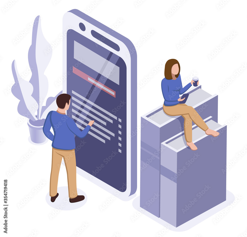 Online education or working concept. Woman on books and man with phone Online education or working concept. Woman on books and man with phone