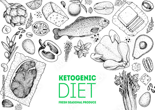 Ketogenic diet sketch. Food illustration. Hand drawn vector illustration. Organic food diet. Good food illustration. Design elements. Hand drawn sketch. Various food frame. Organic food store concept.