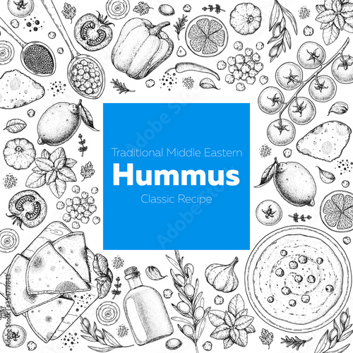 Hummus cooking and ingredients for hummus, sketch illustration. Middle eastern cuisine frame. Healthy food, design elements. Hand drawn, package design. Middle eastern food.