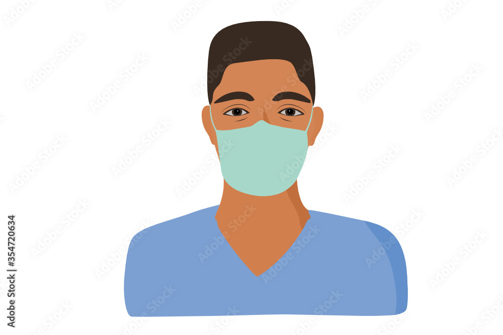 African-american man nurse. Male hospital worker in uniform with mask, portrait illustration. 