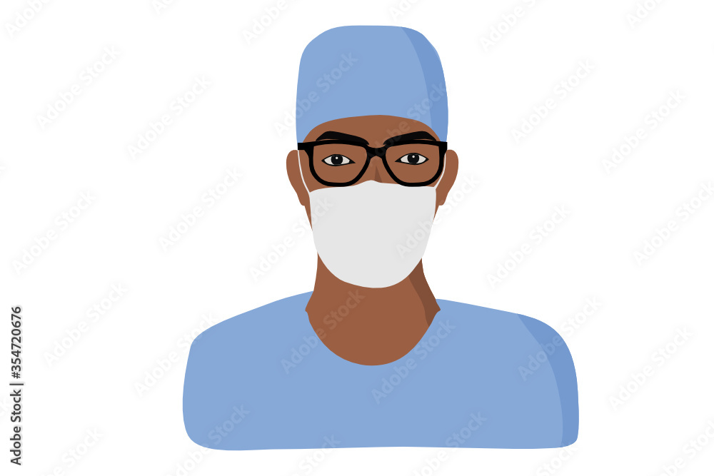 African, African American ethnicity man nurse, doctor. Male hospital worker in uniform with mask, head cap and glasses. Flat design illustration.