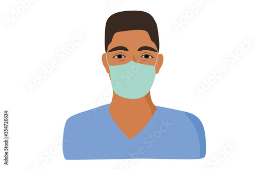 African-american man nurse. Male hospital worker in uniform with mask, portrait illustration. 