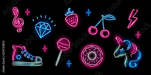 Set of neon girly icons on black background: unicorn, cherry, donut, strawberry, lightning, lollypop. Fashion, fantasy, girl, childish concept. Night signboard style. Vector 10 EPS illustration.