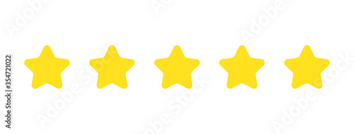 Five gold stars rating icons on white background. Feedback customer product concept. Positive review. Satisfaction clients. Evaluation system. Vector illustration