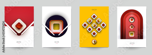Collection colorful template cover for sushi. Abstract art composition in modern geometric papercut style. Minialistic concept design for branding banner, flyer, book, menu, card. Vector illustration.