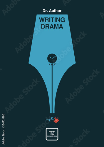 Fountain pen nib with street clock and the flower lying down on the ground . Negative space concept illustration. Mid century style design.