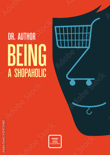 Human face with a shopping cart as a nose and clothes hanger as a mouth. Book cover creative concept. Non fiction or fiction genres. Mid century style design.