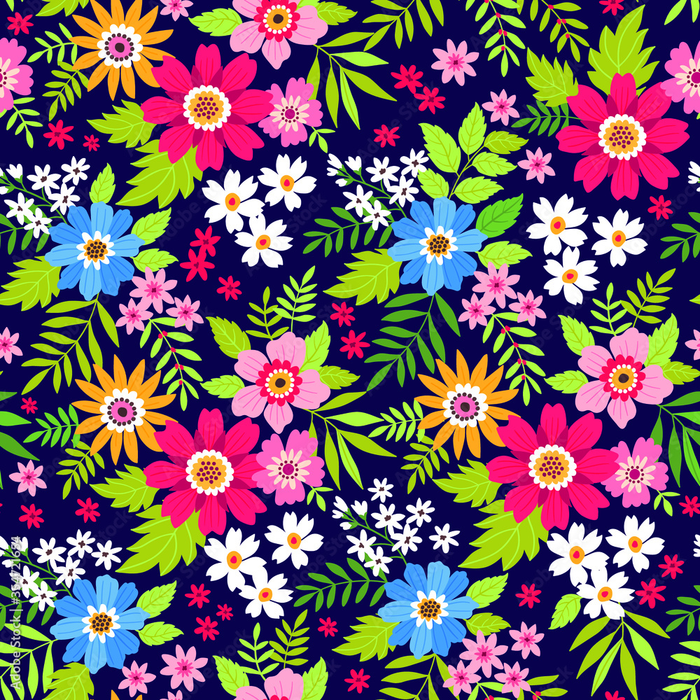 Trendy seamless vector floral pattern. Endless print made of small colorful flowers, leaves and berries. Summer and spring motifs. Vector illustration.